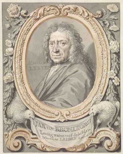 Portret van Johannes (Jan) van Bronkhorst in omlijsting met bloemen en twee vogels