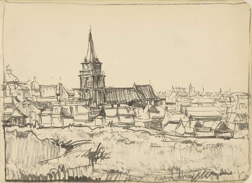 Gezicht op de kerk te midden van lage huizen in Scheveningen