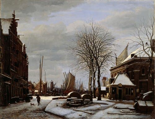 De Slijpsteenmarkt in Amsterdam met het gebouw 'Het Zeerecht' in de winter