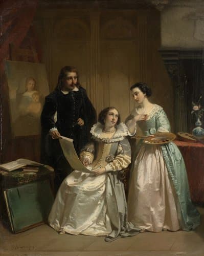 Gerard van Honthorst toont aan Amalia van Solms de tekeningen van zijn leerlinge Louise van Bohemen