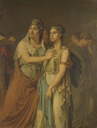 De actrices Joanna Cornelia Ziesenis-Wattier (1762-1827) en Geertruida Jacoba Grevelink-Hilverdink (1786-1827) in Iphigenia (1674) van Jean Racine (1639-99)