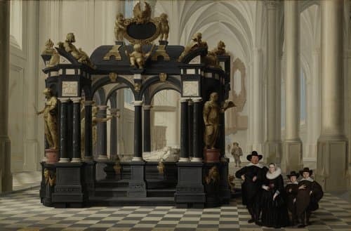 Een familiegroep bij het praalgraf van prins Willem I in de Nieuwe Kerk te Delft