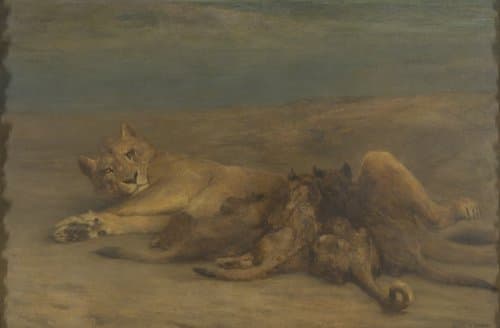 Een leeuwin met vier zogende welpen, genaamd 'Moederliefde'