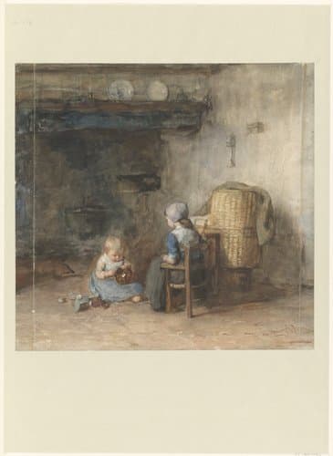 Twee kinderen in een boereninterieur