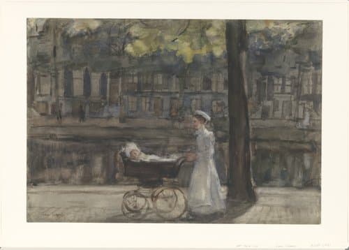 Dienstmeisje met kinderwagen op de Keizersgracht