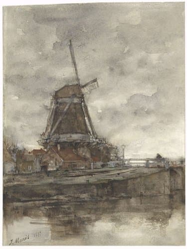 Molen en de brug bij de Noord-West-Buitensingel in Den Haag