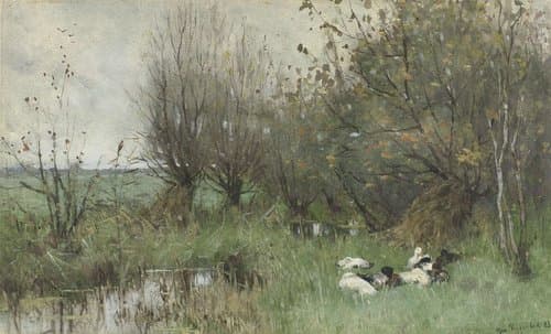 Eenden bij een wilgenbosje