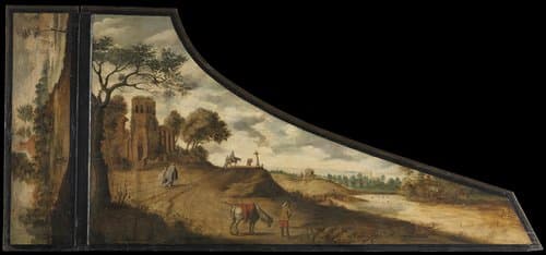 Painting on a Harpsichord Lid with a Hilly Landscape and Travellers