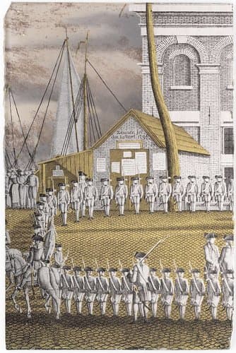 Cadetten aangetreden voor het gebouw 'Het Zeerecht' aan de Slijpsteenmarkt in Amsterdam