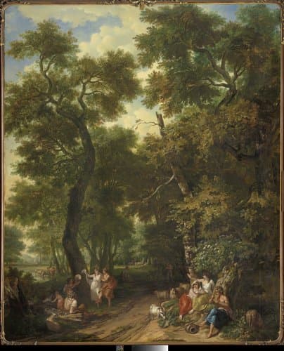 Arcadisch landschap met musicerende en dansende herders