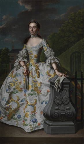 Portrait of Charlotte Beatrix Strick van Linschoten (b. 1732), second Wife of Gerard Cornelis van Riebeeck, presumably standing in front of her country House Eemwijck at Voorburg