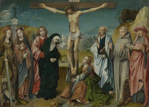 Christus aan het kruis met Maria, Johannes, Maria Magdalena en de heiligen Caecilia en Barbara (links) en Petrus, Franciscus en Hieronymus (rechts)
