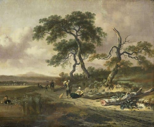 Landschap met marskramer en rustende vrouw