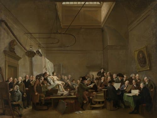 De tekenzaal van de Maatschappij Felix Meritis te Amsterdam, met portretten van kunstenaars, verzamelaars van schilder- en tekenkunst en enkele kunstmakelaars