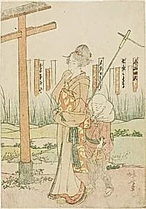 A Woman and a Boy at Shrine by Katsushika Hokusai