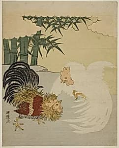 Cocks Fighting near Bamboo Grove by Isoda Koryusai