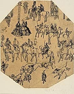 Sheet of Sketches: Hounds, Riders, Ladies. Architectural Elements, Insects by Rodolphe Bresdin