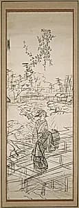 Sketch of woman crossing bridge by Utagawa Hiroshige