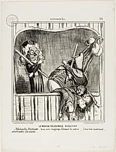 The New Neapolitan Buffoon. “- Polichinelle, Polichinelle, you have cudgelled the others long enough... now it's your turn. We will bring you to reason...,” plate 221 from Actualités by Honoré-Victorin Daumier