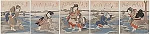 A Low Tide Pentaptych by Utagawa Kuniyoshi (Japanese, 1797–1861)