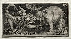 Elephant  Fighting two Beasts by Nicolaes de Bruyn (Netherlandish, 1571–1656)