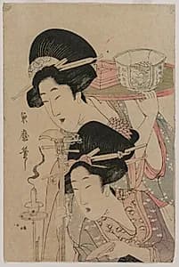 Two Geishas beside a Candle by Kitagawa Tsukimaro (Japanese, d. 1830)