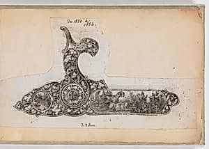 Album of Firearms Ornament Containing Approximately Five Hundred and Forty Inked Impressions of Engraved Firearms Locks and Mounts, and Forty-Two Original Pen and Ink Designs on Forty Double-Sided Leaves by Unknown Artist
