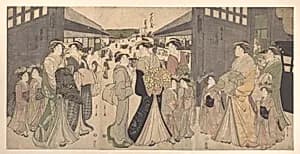 Oiran and Attendants at the Ō Mon or Great Gate of the Yoshiwara by Chōbunsai Eishi