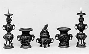 Three Votive Implements: Incense Burner, Candlestick, and Vase by Unknown Artist