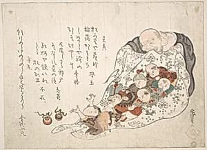 Hotei Opening His Bag which Is Full of Small Boys by Kita Busei