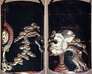 Case (Inrō) with Design of Bugaku Dance Hat on Stand beside Pine Tree (obverse); Dance Drum (reverse) by Unknown Artist