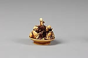 Netsuke of Fukurokujin, Hotei and Benten in Sake Dish by Unknown Artist