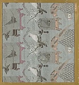 Textile fragment with incomplete repeating pattern of birds and bird cages by Unknown Artist