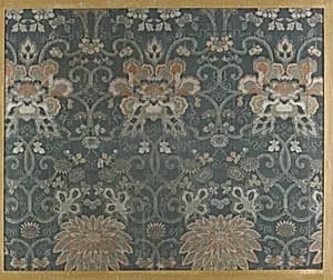 Textile fragment with repeating pattern of chrysanthemums and peonies in floral arabesque by Unknown Artist