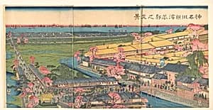 View of the Yokohama Pleasure Quarters of Kanagawa at Cherry Blossom Time by Utagawa (Gountei) Sadahide