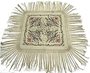 Square Export Shawl Embroidered with Four Scenes, Figures, Pavilions, Flowers and Birds by Unknown Artist