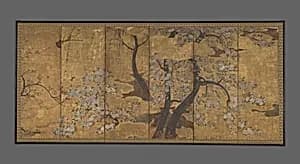 桜梅柳図屏風|Cherry, Plum and Willow Trees by Unidentified artist