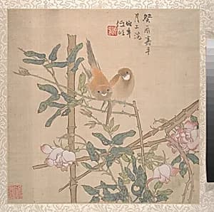 清 任頤 冊頁|Two Birds Perched on a Flowering Rose Bush by Ren Yi (Ren Bonian)