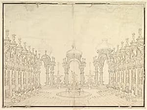 Designs for Stage Set: Three Pavillions in Background with "Oriental" (Ogival) Cupolas with Two Small Fountains between Them. in Foreground, a large Fountain with Dolphins Surmounted by Neptune. by Giuseppe Galli Bibiena