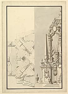 Half Ground Plan and Half Elevation of a Catafalque for Cosimo III dei Medici, Grand Duke of Tuscany (1642-1723) by Giuseppe Galli Bibiena