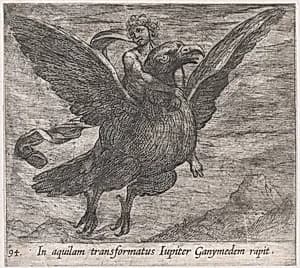Plate 94: Jupiter and Ganymede (In aquilam transformatus Iupiter Ganymedem rapit), from Ovid's 'Metamorphoses' by Antonio Tempesta