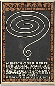 Variety Act 10: Man or Reptile or Razor? (Varietenummer 10: Mensch oder Reptil oder Rasiermesser?) by Moriz Jung|Wiener Werkstätte