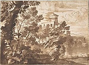 Wooded Landscape with a Tower by Anonymous, French, 17th century