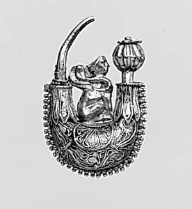 Gold boat-shaped earring with a sphinx by Unknown Artist