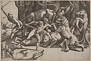 Five Men Fighting Beasts
