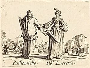 Pulliciniello and Siga. Lucretia by Jacques Callot