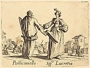 Pulliciniello and Siga. Lucretia by Jacques Callot