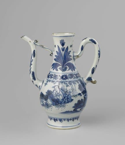 Pear-shaped ewer with a scholar and attendant in a fenced garden, floral scrolls and tulip motif by anonymous