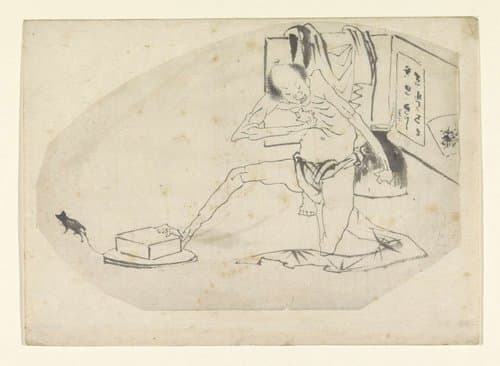 Man in lendendoek, een doos en een muis by Katsushika Hokusai