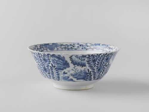 Bell-shaped bowl with flower sprays and landscapes in a panel decoration by anonymous